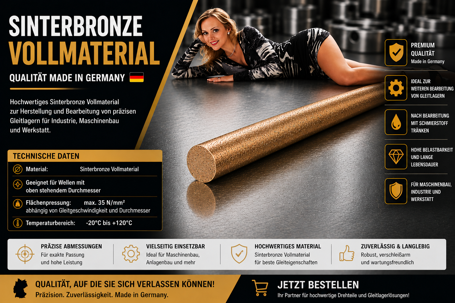Werbebanner mit hochwertigem Sinterbronze Gleitlager 15x30 mm aus Vollmaterial für Maschinenbau, Industrie und technische Anwendungen.